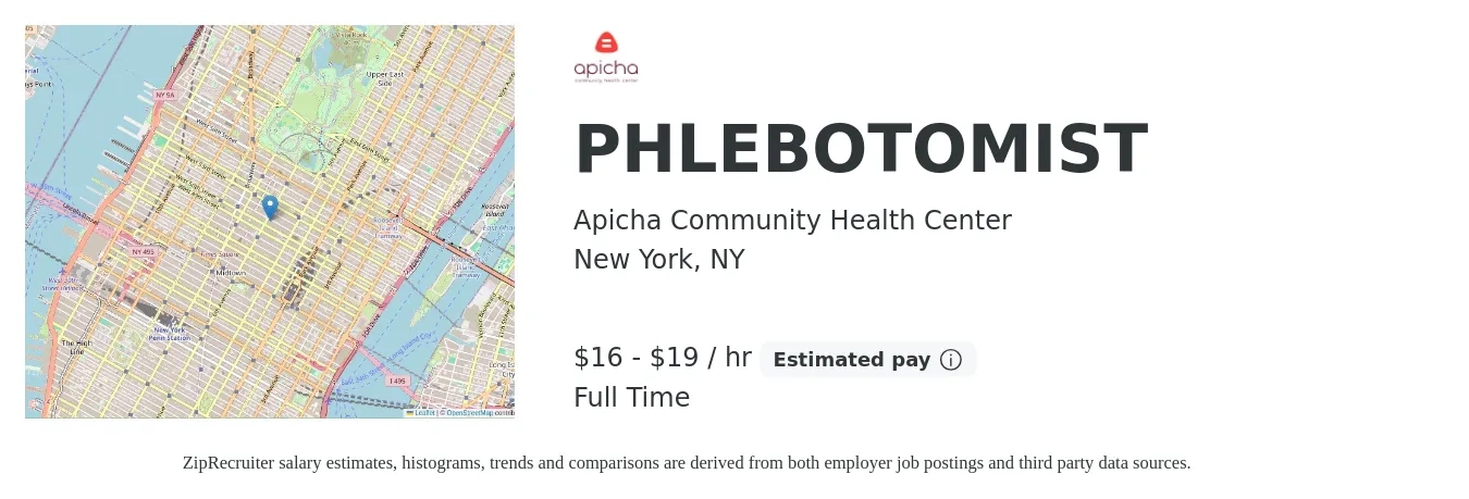 Apicha Community Health Center job posting for a PHLEBOTOMIST in New York, NY with a salary of $17 to $21 Hourly with a map of New York location.