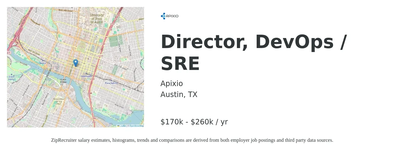 Apixio job posting for a Director, DevOps / SRE in Austin, TX with a salary of $170,000 to $250,000 Yearly with a map of Austin location.