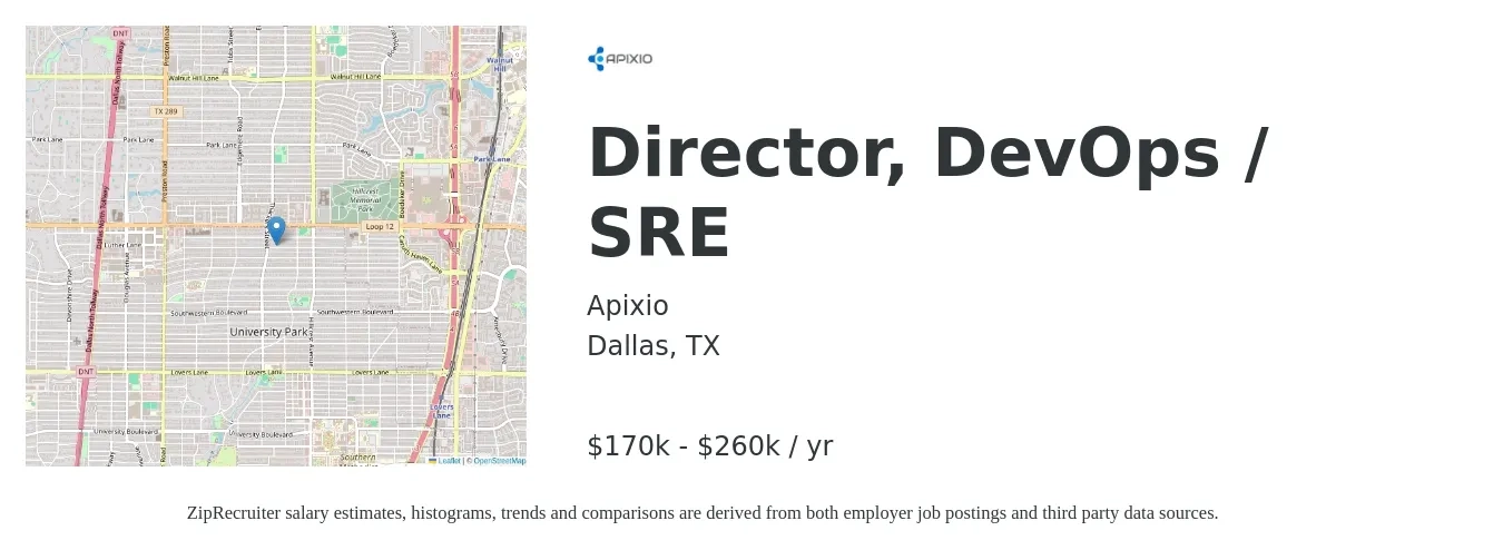 Apixio job posting for a Director, DevOps / SRE in Dallas, TX with a salary of $170,000 to $250,000 Yearly with a map of Dallas location.