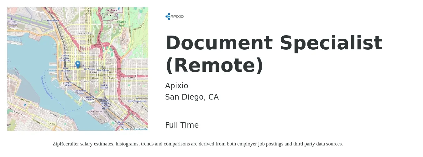 Apixio job posting for a Document Specialist (Remote) in San Diego, CA with a salary of $25,000 to $32,000 Monthly with a map of San Diego location.