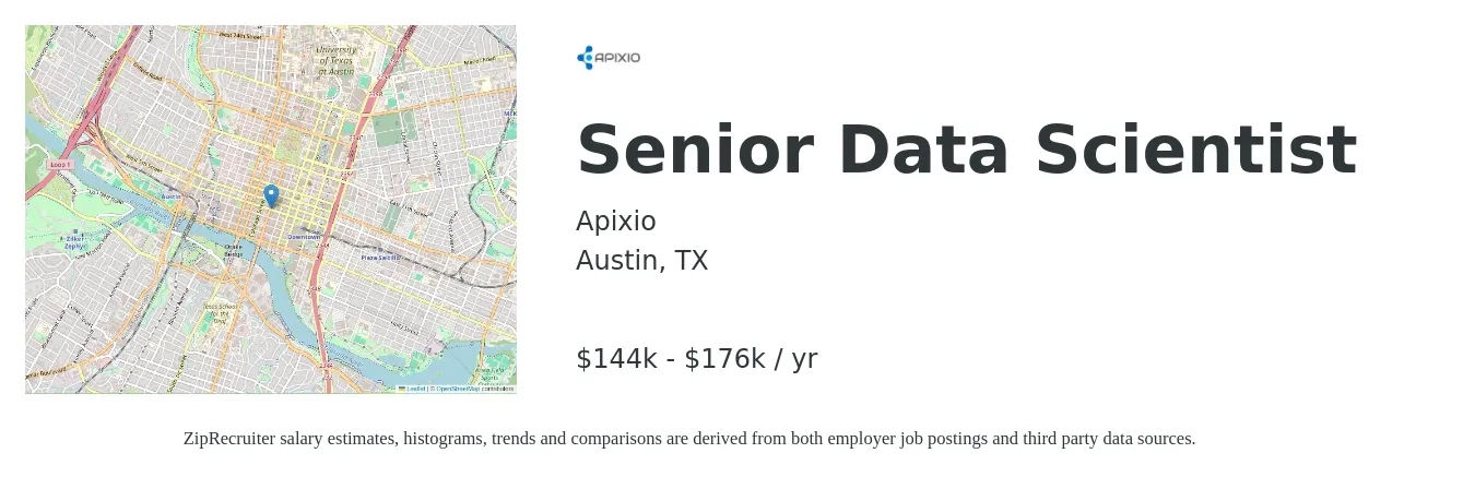 Apixio job posting for a Senior Data Scientist in Austin, TX with a salary of $144,000 to $176,000 Yearly with a map of Austin location.