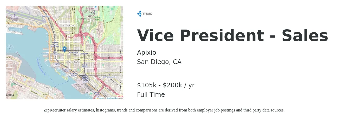 Apixio job posting for a Vice President - Sales in San Diego, CA with a salary of $105,000 to $200,000 Yearly with a map of San Diego location.