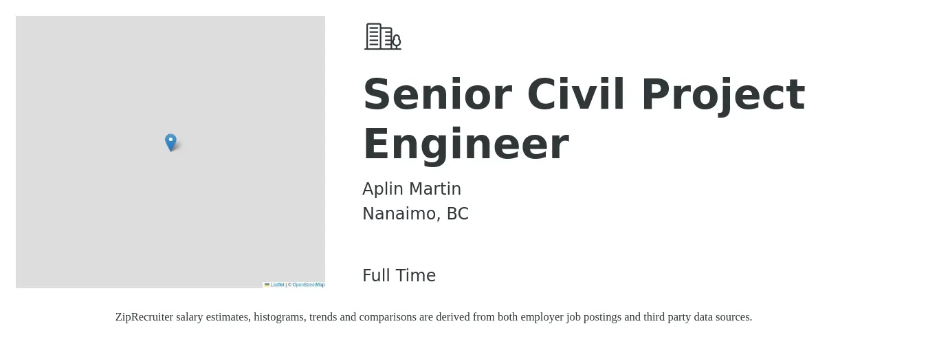 Aplin Martin job posting for a Senior Civil Project Engineer in Nanaimo, BC with a salary of $110,000 to $140,000 Yearly with a map of Nanaimo location.