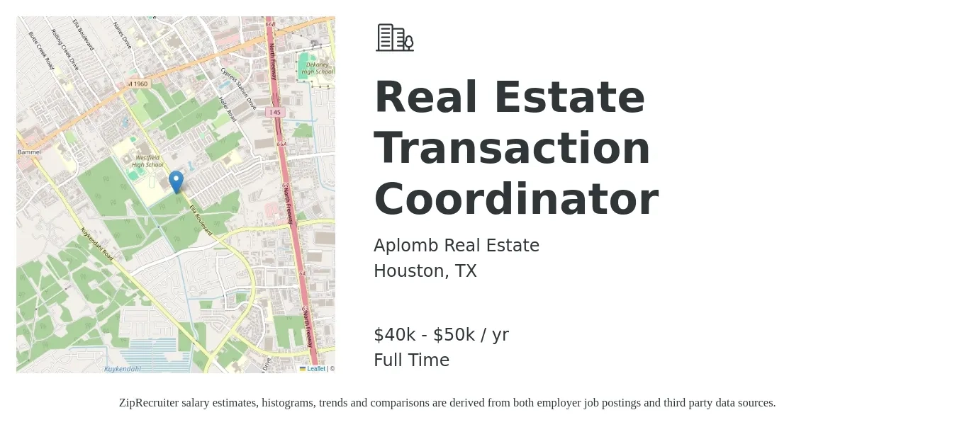 Aplomb Real Estate job posting for a Real Estate Transaction Coordinator in Houston, TX with a salary of $40,000 to $50,000 Yearly with a map of Houston location.