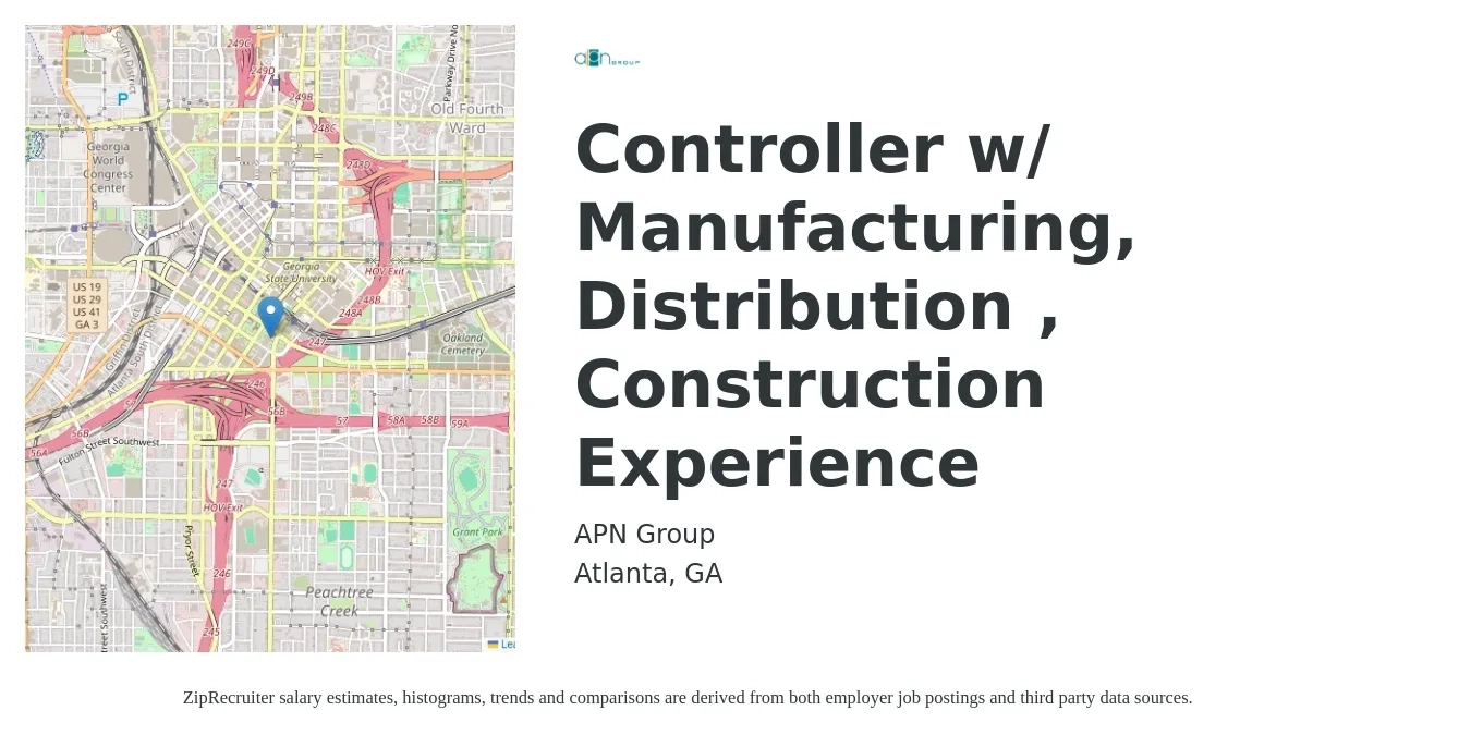 APN Group job posting for a Controller w/ Manufacturing, Distribution , Construction Experience in Atlanta, GA with a salary of $93,300 to $133,200 Yearly with a map of Atlanta location.