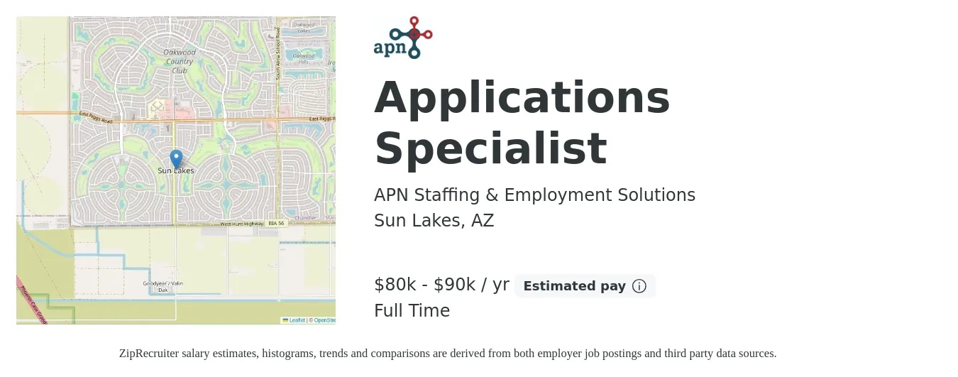 APN Staffing & Employment Solutions job posting for a Applications Specialist in Sun Lakes, AZ with a salary of $80,000 to $90,000 Yearly with a map of Sun Lakes location.