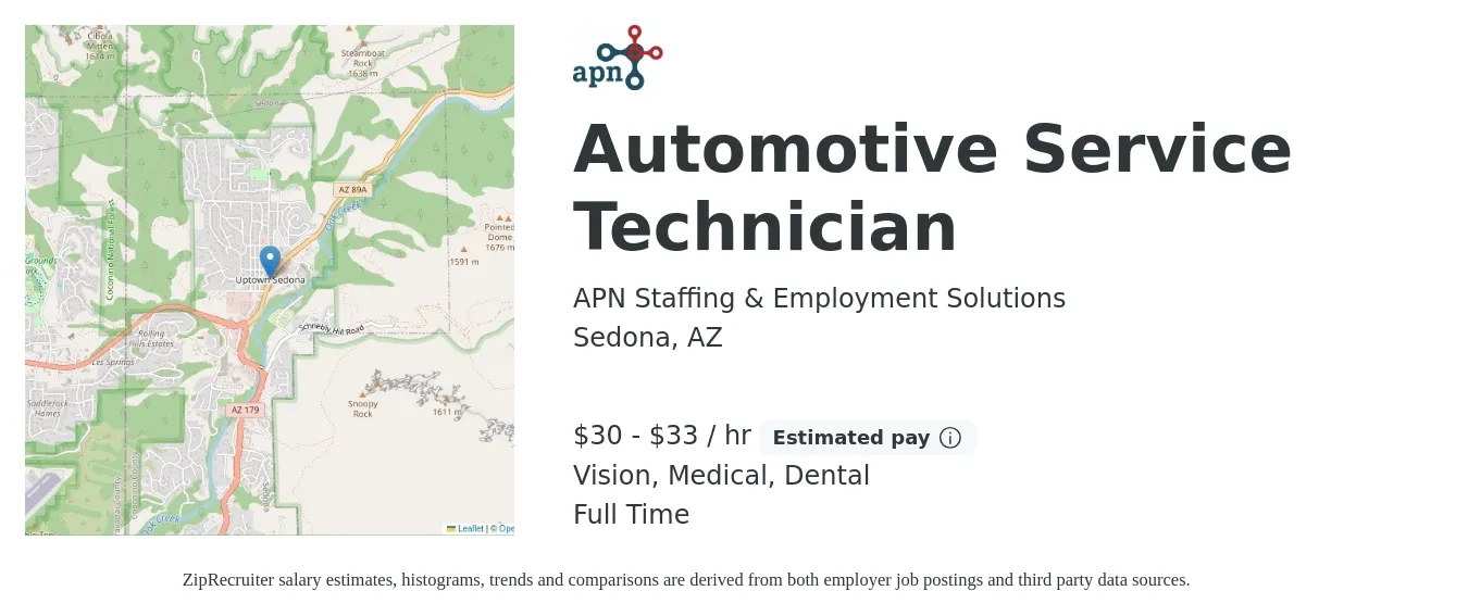 APN Staffing & Employment Solutions job posting for a Automotive Service Technician in Sedona, AZ with a salary of $32 to $35 Hourly and benefits including dental, life_insurance, medical, pto, and vision with a map of Sedona location.