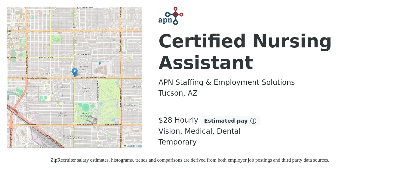 APN Staffing & Employment Solutions job posting for a Certified Nursing Assistant in Tucson, AZ with a salary of $30 Hourly and benefits including vision, dental, and medical with a map of Tucson location.