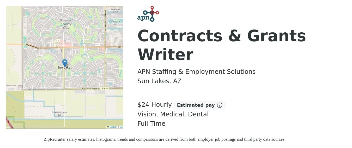 APN Staffing & Employment Solutions job posting for a Contracts & Grants Writer in Sun Lakes, AZ with a salary of $25 Hourly and benefits including life_insurance, medical, retirement, vision, and dental with a map of Sun Lakes location.