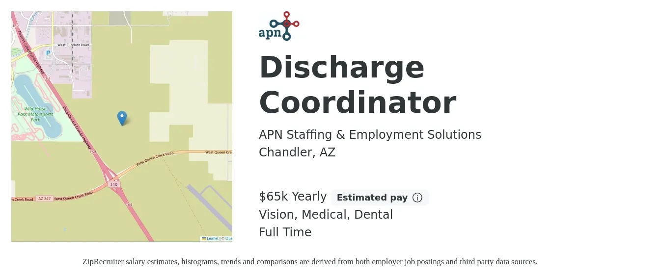 APN Staffing & Employment Solutions job posting for a Discharge Coordinator in Chandler, AZ with a salary of $65,000 Yearly and benefits including dental, medical, and vision with a map of Chandler location.