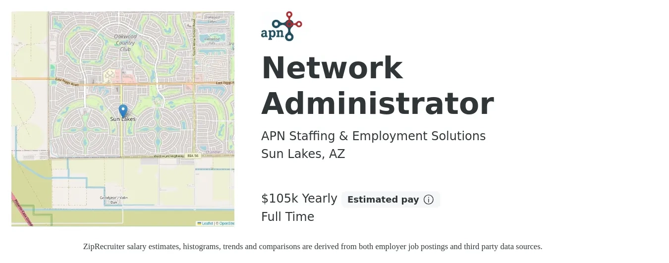 APN Staffing & Employment Solutions job posting for a Network Administrator in Sun Lakes, AZ with a salary of $105,000 Yearly with a map of Sun Lakes location.