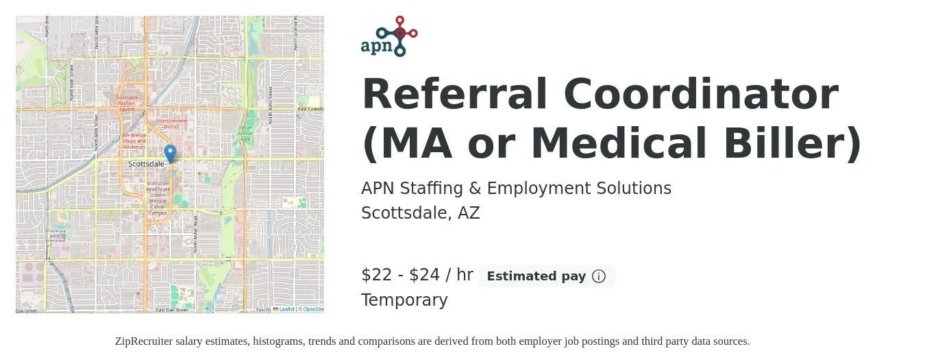 APN Staffing & Employment Solutions job posting for a Referral Coordinator (MA or Medical Biller) in Scottsdale, AZ with a salary of $23 to $25 Hourly with a map of Scottsdale location.