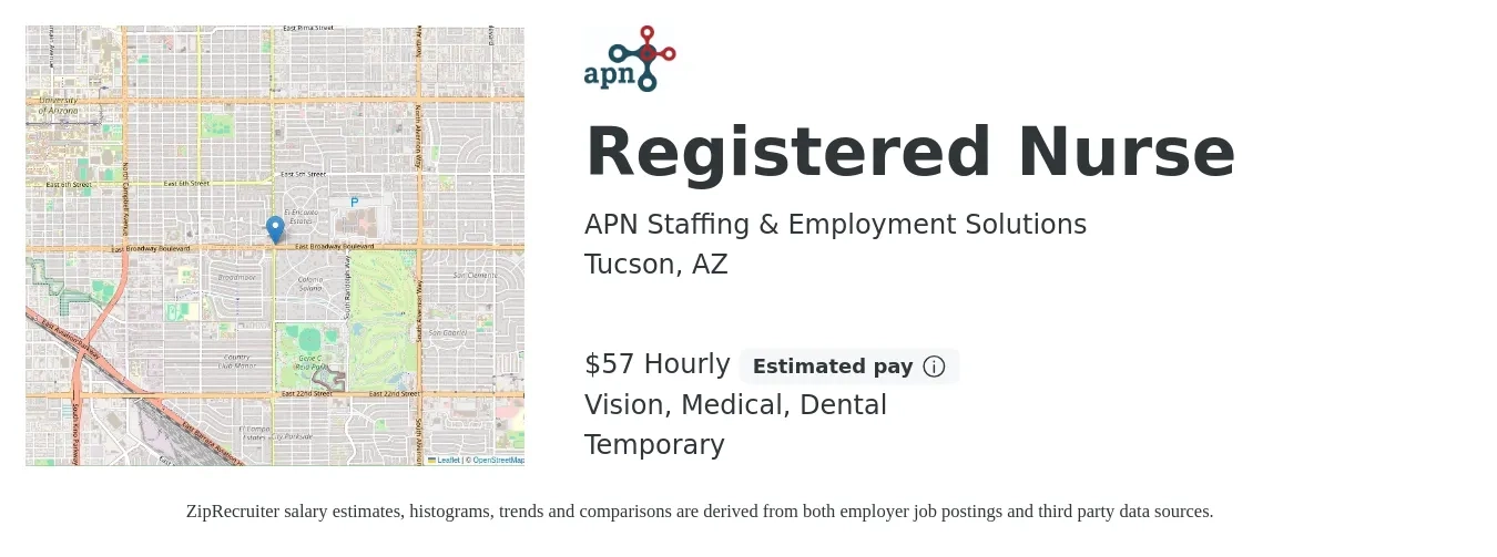 APN Staffing & Employment Solutions job posting for a Registered Nurse in Tucson, AZ with a salary of $60 Hourly and benefits including vision, dental, and medical with a map of Tucson location.
