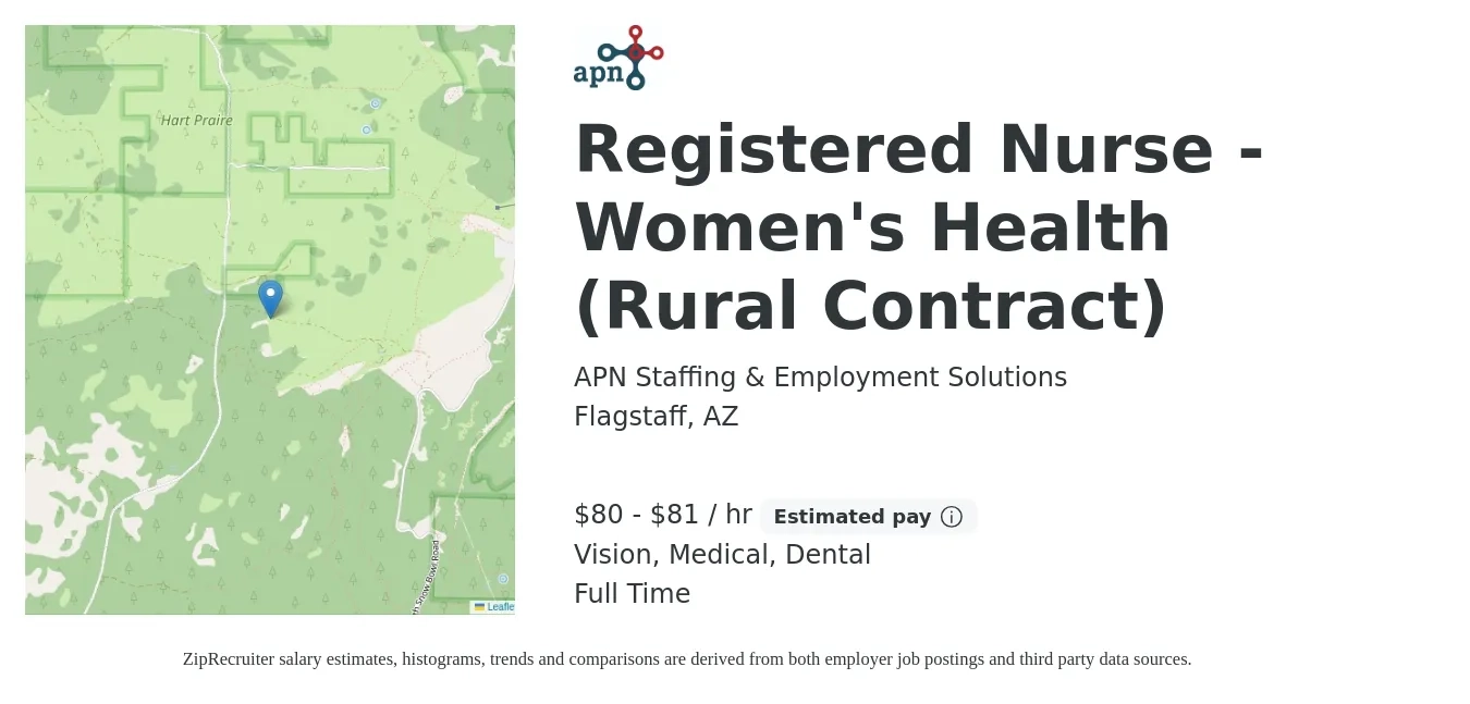 APN Staffing & Employment Solutions job posting for a Registered Nurse - Women's Health (Rural Contract) in Flagstaff, AZ with a salary of $84 to $85 Hourly and benefits including medical, vision, and dental with a map of Flagstaff location.