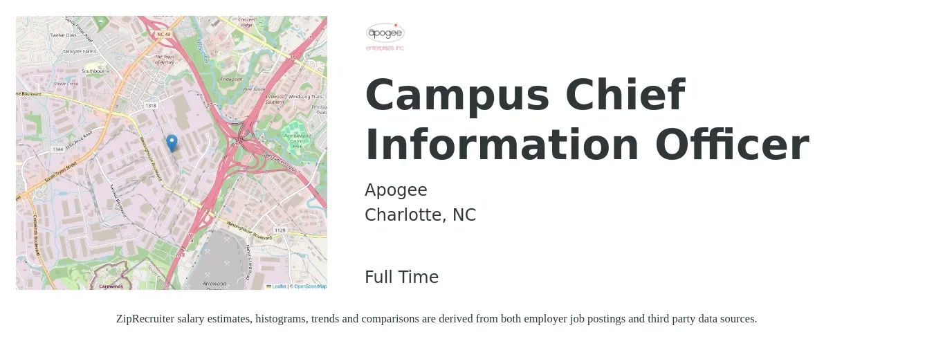 Apogee job posting for a Campus Chief Information Officer in Charlotte, NC with a salary of $122,100 to $184,100 Yearly with a map of Charlotte location.