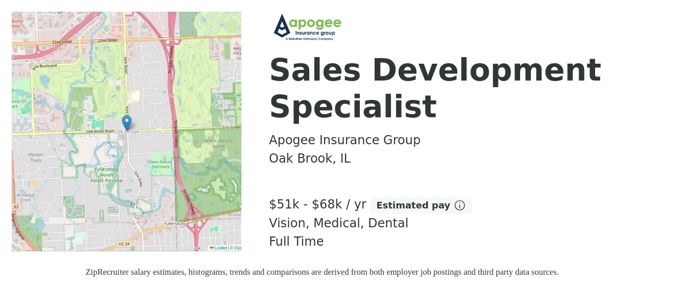Apogee Insurance Group job posting for a Sales Development Specialist in Oak Brook, IL with a salary of $51,000 to $60,000 Yearly (plus commission) and benefits including vision, dental, life_insurance, medical, and pto with a map of Oak Brook location.