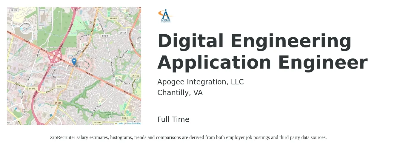 Apogee Integration, LLC job posting for a Digital Engineering Application Engineer in Chantilly, VA with a salary of $86,800 to $139,500 Yearly with a map of Chantilly location.