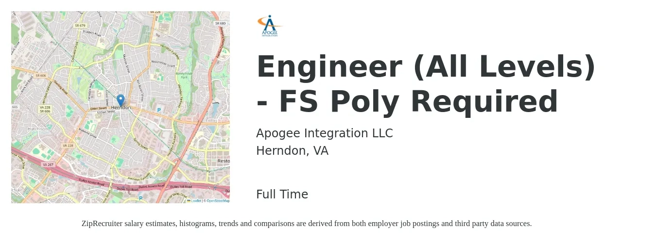 Apogee Integration LLC job posting for a Engineer (All Levels) - FS Poly Required in Herndon, VA with a salary of $86,400 to $119,800 Yearly with a map of Herndon location.