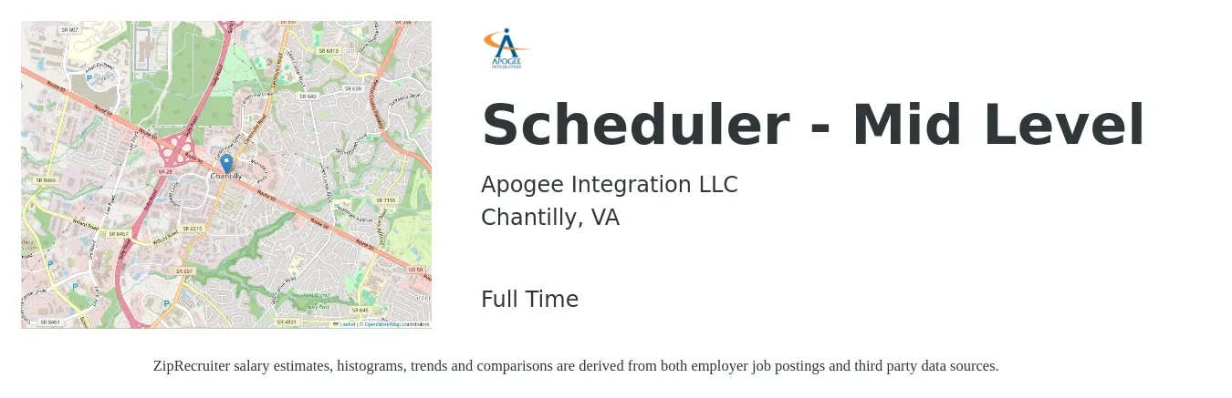 Apogee Integration LLC job posting for a Scheduler - Mid Level in Chantilly, VA with a salary of $19 to $31 Hourly with a map of Chantilly location.