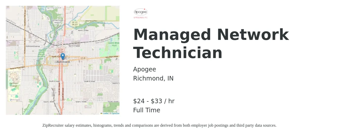 Apogee job posting for a Managed Network Technician in Richmond, IN with a salary of $25 to $35 Hourly with a map of Richmond location.