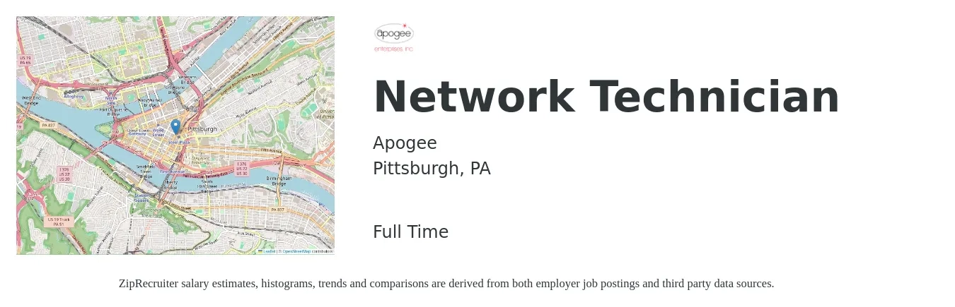 Apogee job posting for a Network Technician in Pittsburgh, PA with a salary of $20 to $30 Hourly with a map of Pittsburgh location.