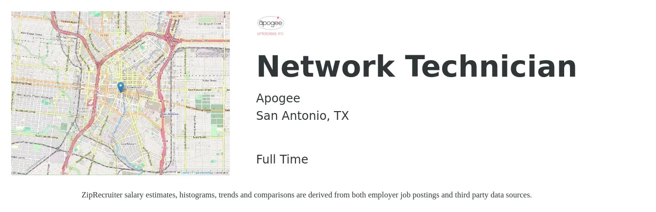 Apogee job posting for a Network Technician in San Antonio, TX with a salary of $20 to $30 Hourly with a map of San Antonio location.