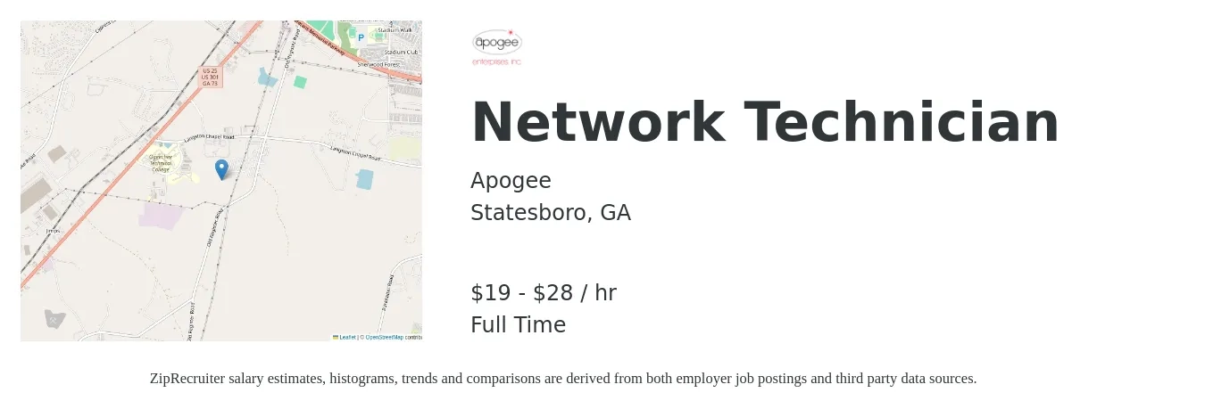 Apogee job posting for a Network Technician in Statesboro, GA with a salary of $20 to $30 Hourly with a map of Statesboro location.