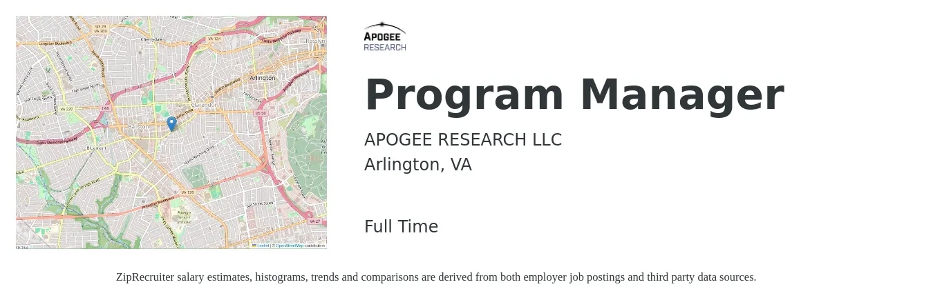 APOGEE RESEARCH LLC job posting for a Program Manager in Arlington, VA with a salary of $91,500 to $152,500 Yearly with a map of Arlington location.