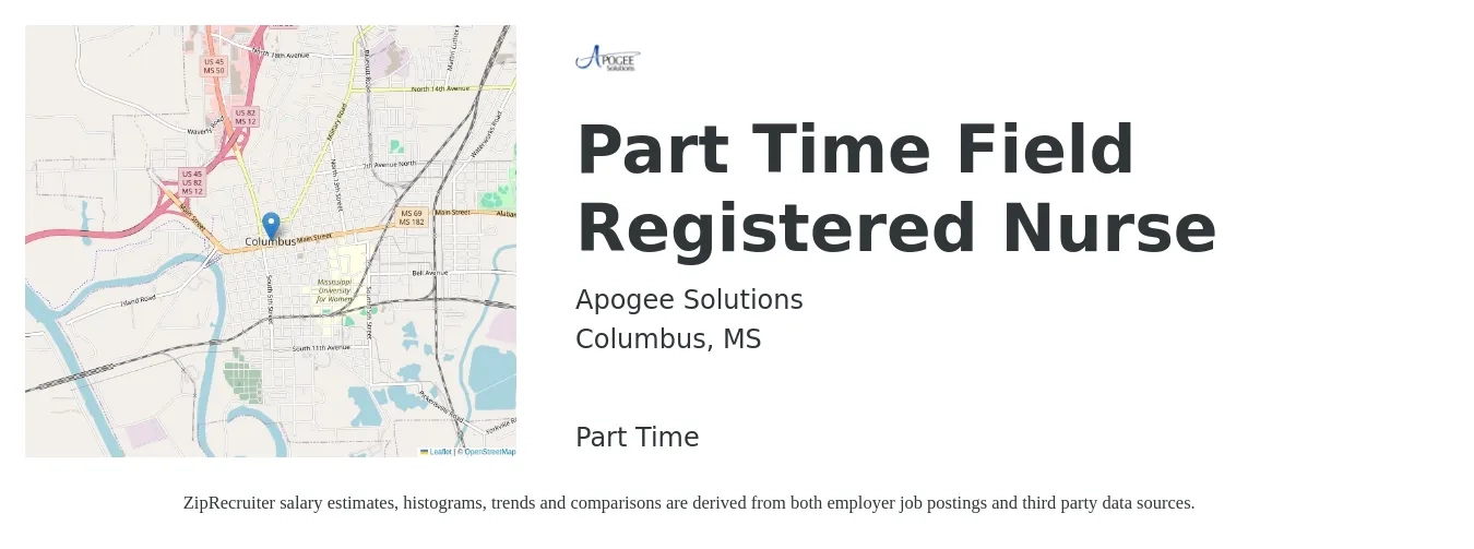 Apogee Solutions job posting for a Part Time Field Registered Nurse in Columbus, MS with a salary of $74,800 to $91,700 Yearly with a map of Columbus location.