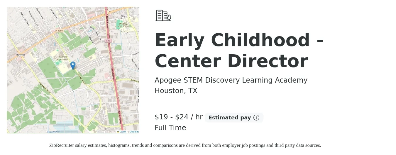 Apogee STEM Discovery Learning Academy job posting for a Early Childhood - Center Director in Houston, TX with a salary of $20 to $25 Hourly with a map of Houston location.