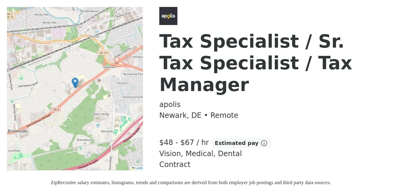 apolis job posting for a Tax Specialist / Sr. Tax Specialist / Tax Manager in Newark, DE with a salary of $50 to $70 Hourly and benefits including dental, medical, and vision with a map of Newark location.