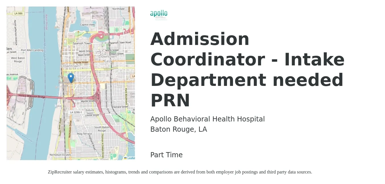 Apollo Behavioral Health Hospital job posting for a Admission Coordinator - Intake Department needed PRN in Baton Rouge, LA with a salary of $16 to $22 Hourly with a map of Baton Rouge location.