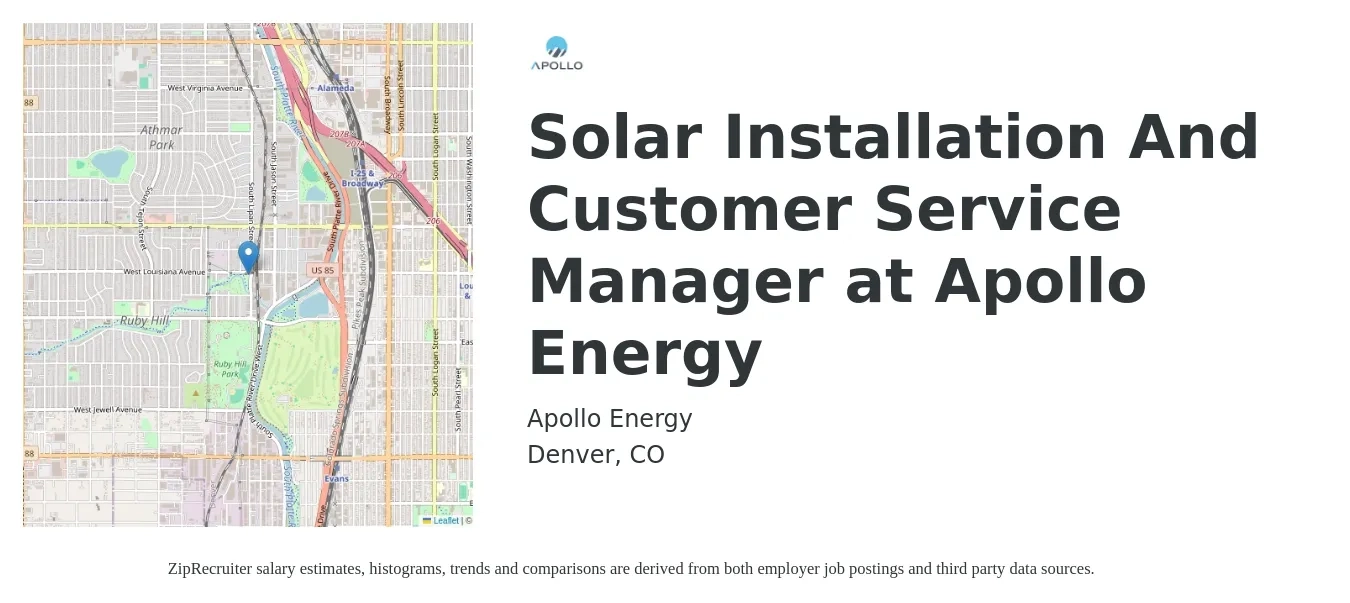 Apollo Energy job posting for a Solar Installation And Customer Service Manager at Apollo Energy in Denver, CO with a salary of $42,200 to $72,000 Yearly with a map of Denver location.