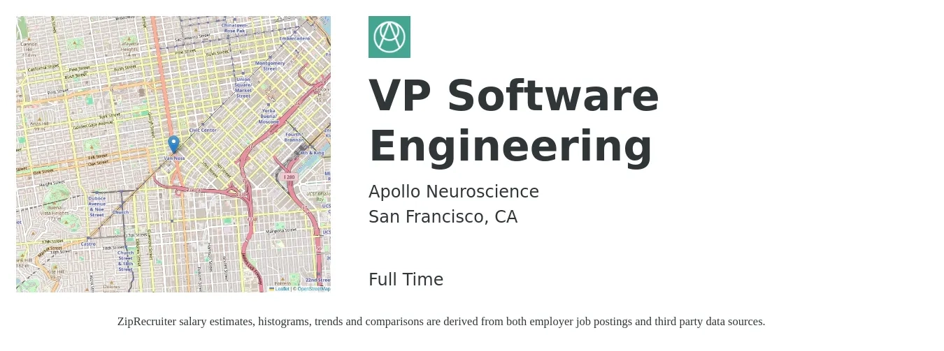 Apollo Neuroscience job posting for a VP Software Engineering in San Francisco, CA with a salary of $192,600 to $265,100 Yearly with a map of San Francisco location.