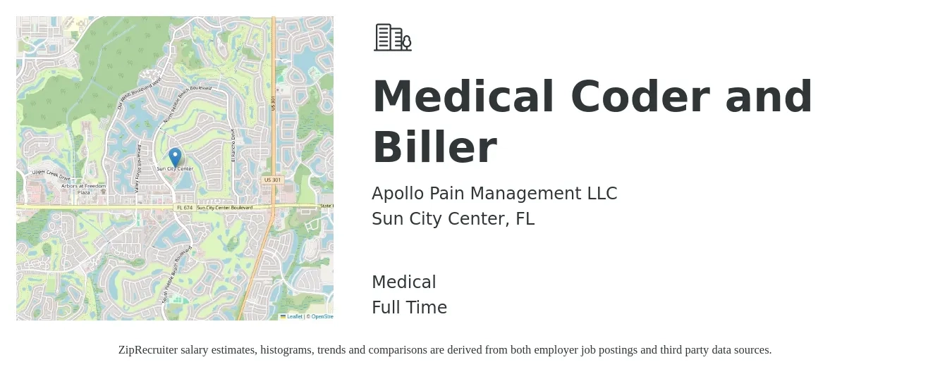 Apollo Pain Management LLC job posting for a Medical Coder and Biller in Sun City Center, FL with a salary of $15 to $19 Hourly and benefits including medical, pto, and retirement with a map of Sun City Center location.