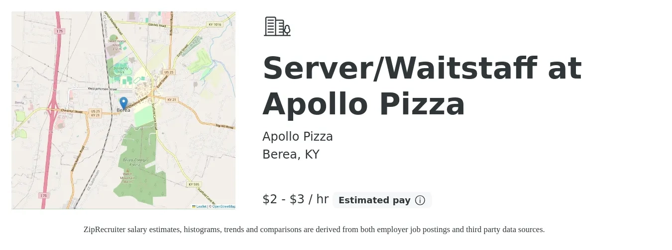 Apollo Pizza job posting for a Server/Waitstaff at Apollo Pizza in Berea, KY with a salary of $3 to $4 Hourly with a map of Berea location.