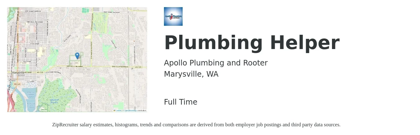 Apollo Plumbing and Rooter job posting for a Plumbing Helper in Marysville, WA with a salary of $18 to $23 Hourly with a map of Marysville location.