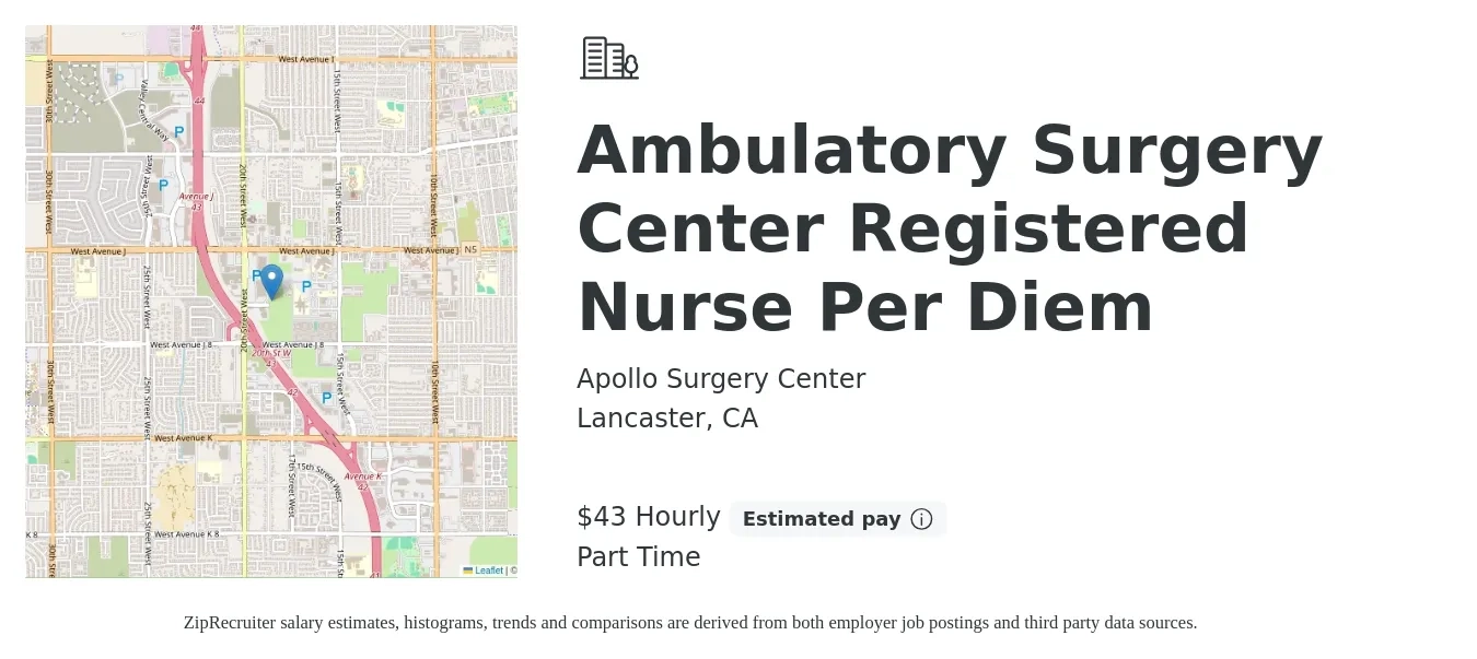 Apollo Surgery Center job posting for a Ambulatory Surgery Center Registered Nurse Per Diem in Lancaster, CA with a salary of $45 Hourly with a map of Lancaster location.
