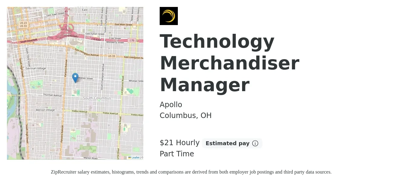 Apollo job posting for a Technology Merchandiser Manager in Columbus, OH with a salary of $22 Hourly with a map of Columbus location.