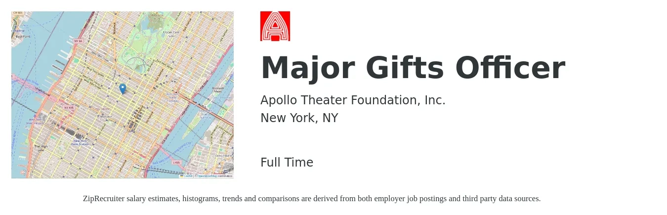 Apollo Theater Foundation, Inc. job posting for a Major Gifts Officer in New York, NY with a salary of $85,000 to $105,000 Yearly with a map of New York location.