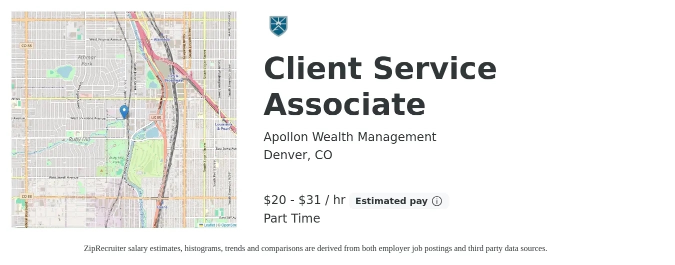 Apollon Wealth Management job posting for a Client Service Associate in Denver, CO with a salary of $21 to $33 Hourly with a map of Denver location.
