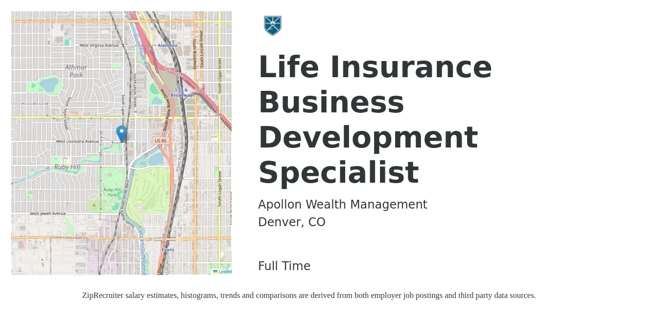 Apollon Wealth Management job posting for a Life Insurance Business Development Specialist in Denver, CO with a salary of $48,400 to $80,900 Yearly with a map of Denver location.