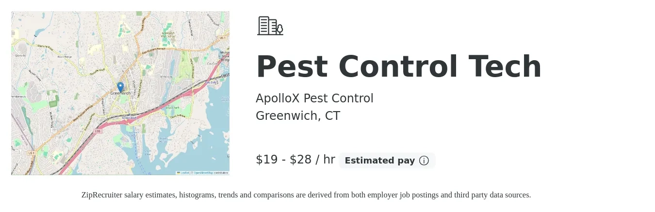ApolloX Pest Control job posting for a Pest Control Tech in Greenwich, CT with a salary of $20 to $30 Hourly with a map of Greenwich location.