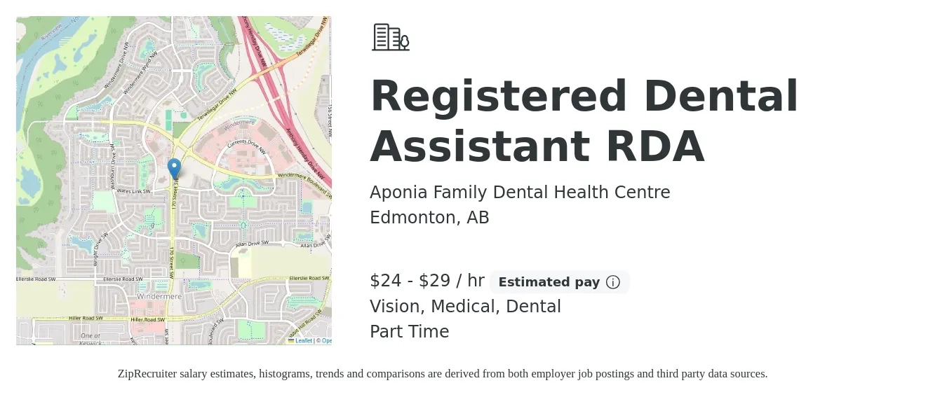 Aponia Family Dental Health Centre job posting for a Registered Dental Assistant RDA in Edmonton, AB with a salary of $25 to $31 Hourly and benefits including medical, vision, and dental with a map of Edmonton location.