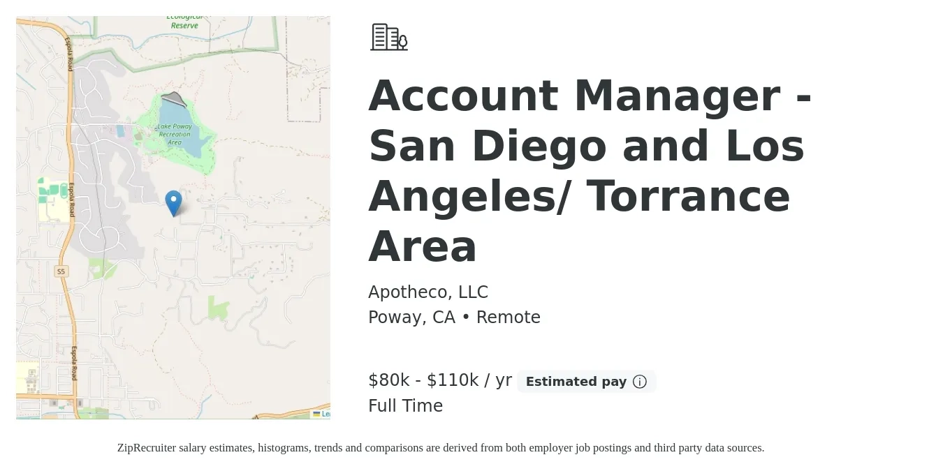 Apotheco, LLC job posting for a Account Manager - San Diego and Los Angeles/ Torrance Area in Poway, CA with a salary of $50,000 Yearly with a map of Poway location.