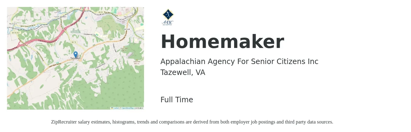 Appalachian Agency For Senior Citizens Inc job posting for a Homemaker in Tazewell, VA with a salary of $12 to $16 Hourly with a map of Tazewell location.