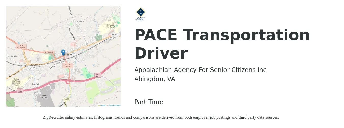 Appalachian Agency For Senior Citizens Inc job posting for a PACE Transportation Driver in Abingdon, VA with a salary of $15 to $22 Hourly with a map of Abingdon location.