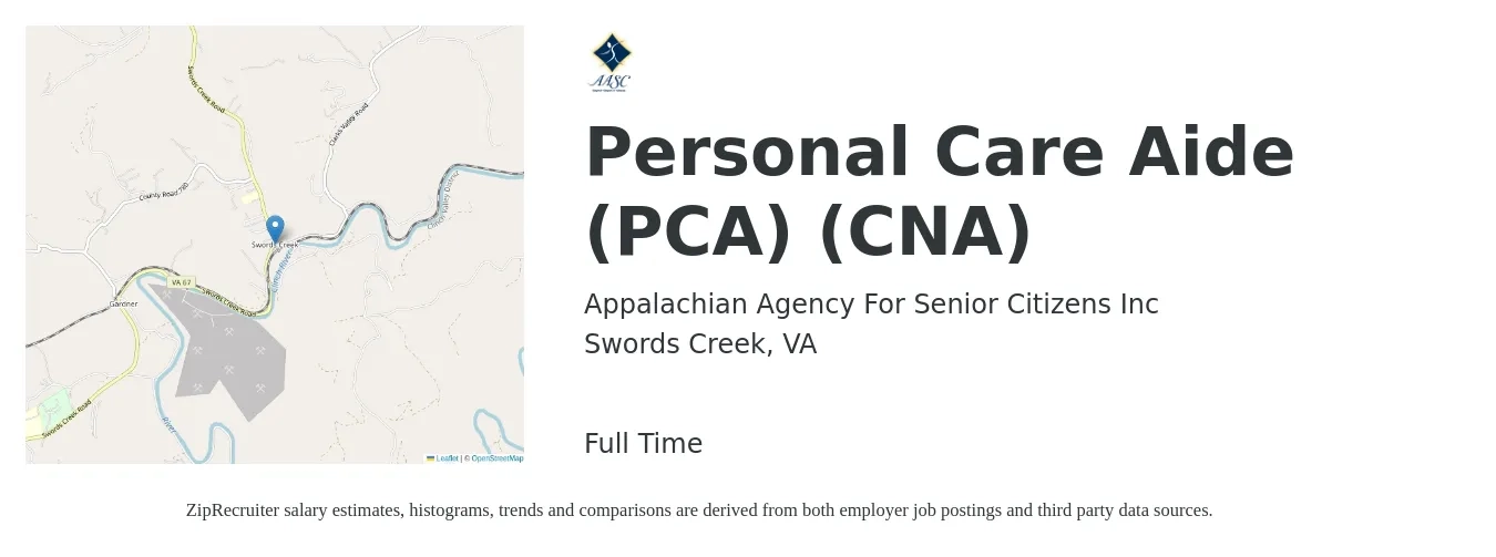 Appalachian Agency For Senior Citizens Inc job posting for a Personal Care Aide (PCA) (CNA) in Swords Creek, VA with a salary of $11 to $15 Hourly with a map of Swords Creek location.