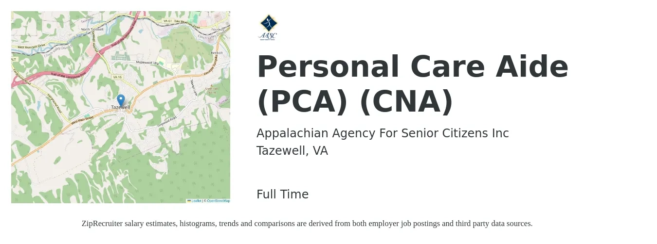 Appalachian Agency For Senior Citizens Inc job posting for a Personal Care Aide (PCA) (CNA) in Tazewell, VA with a salary of $12 to $16 Hourly with a map of Tazewell location.