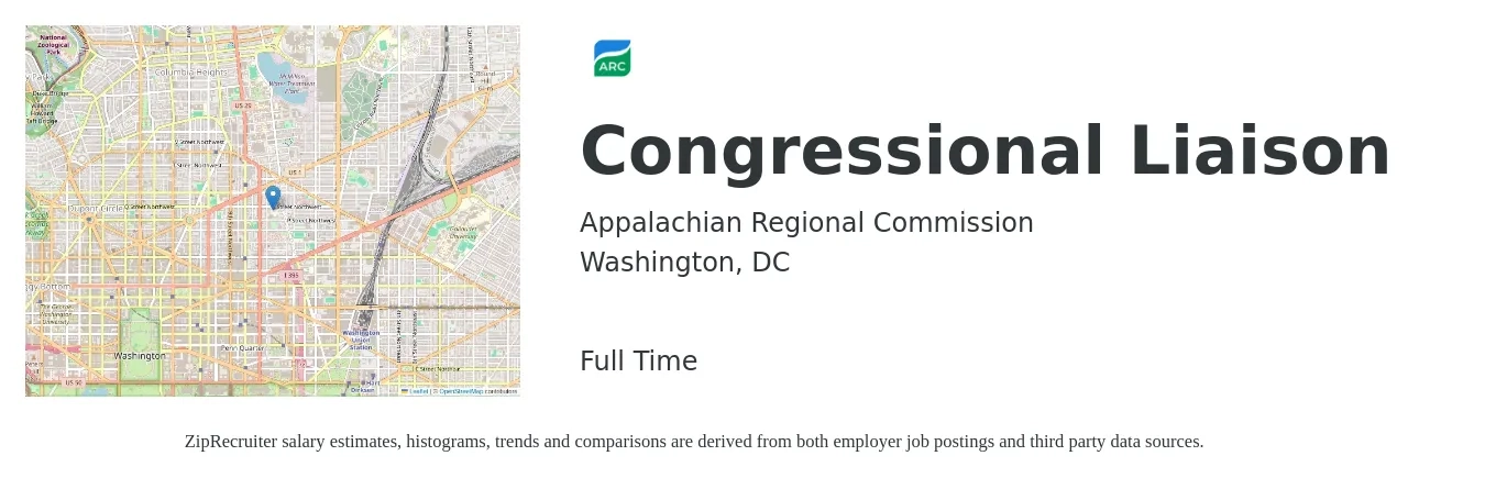 Appalachian Regional Commission job posting for a Congressional Liaison in Washington, DC with a salary of $22 to $35 Hourly with a map of Washington location.